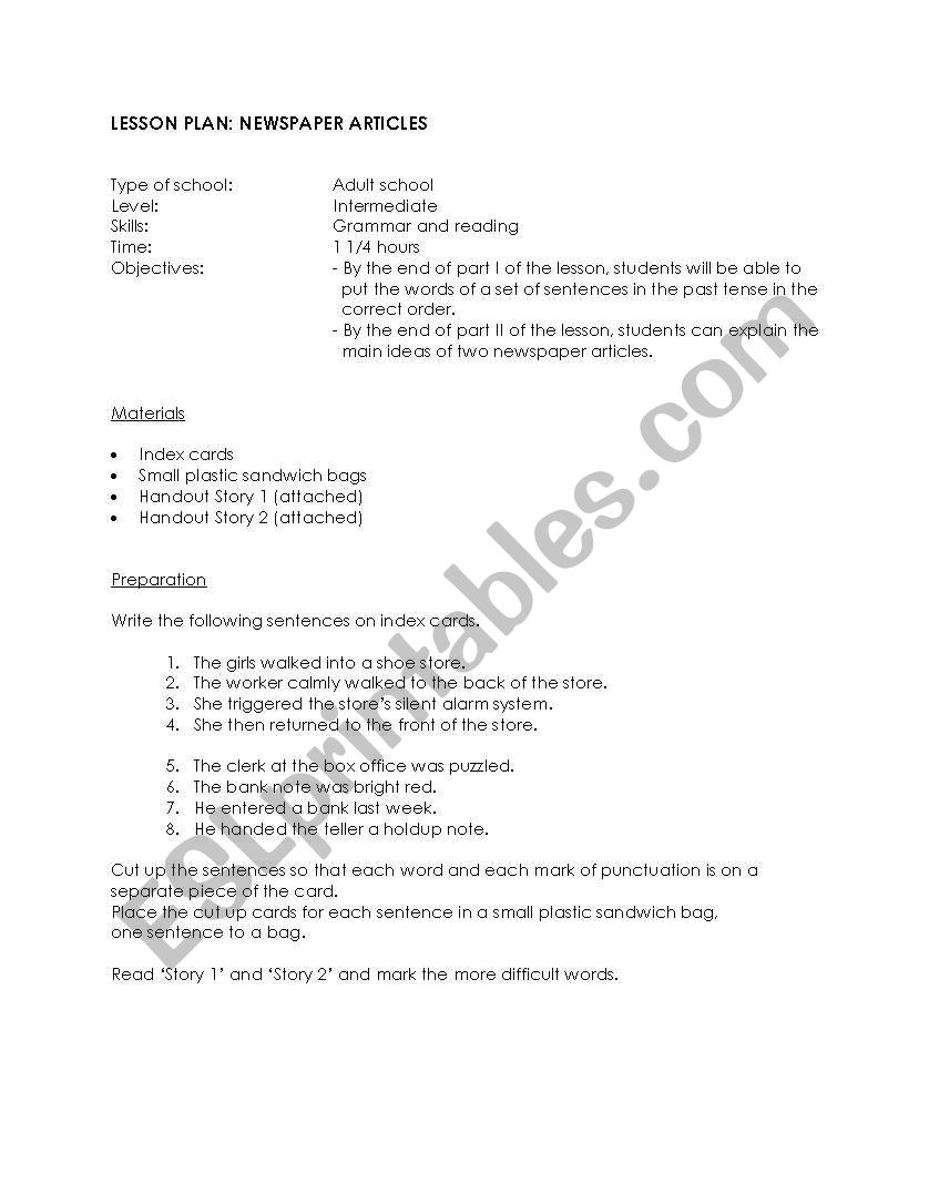 Newspaper articles worksheet
