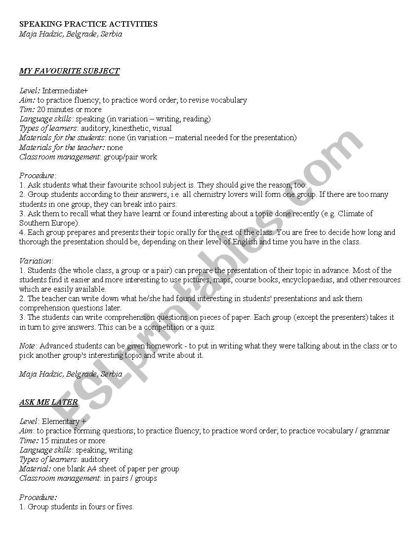 Speaking activities worksheet