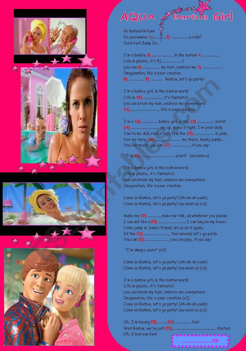 tillykke Sømil bemærkede ikke Aqua - Barbie Girl + KEY Included - ESL worksheet by viviank
