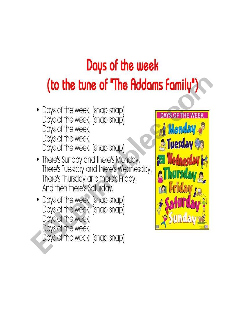 Days of the week Song worksheet