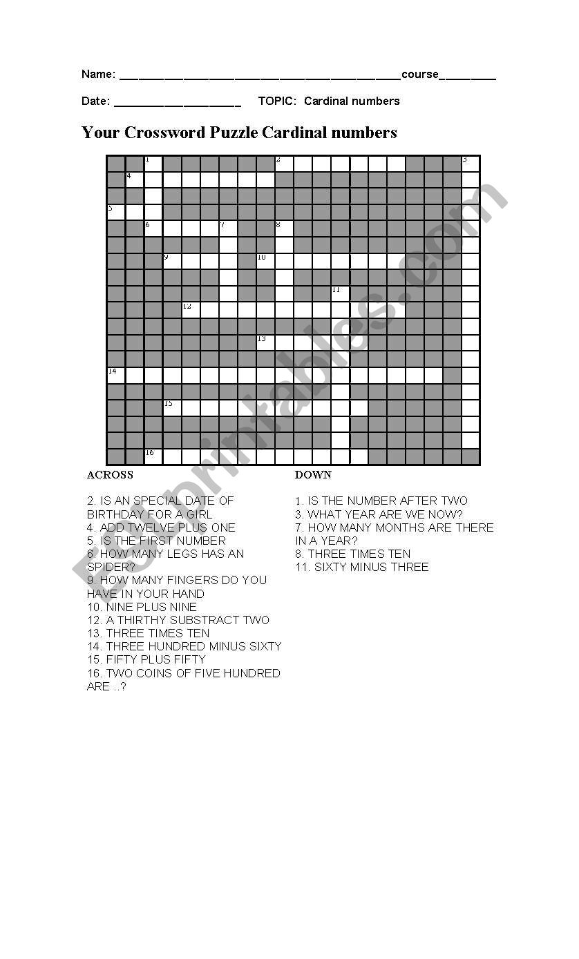 Cardinal Numbers crossword puzzle