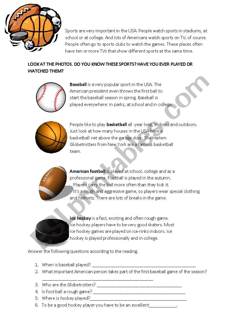 Sports in the USA worksheet