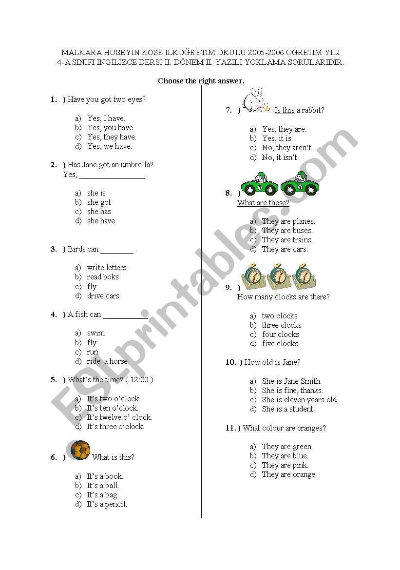 2. term 2. written exam for the 4th grades