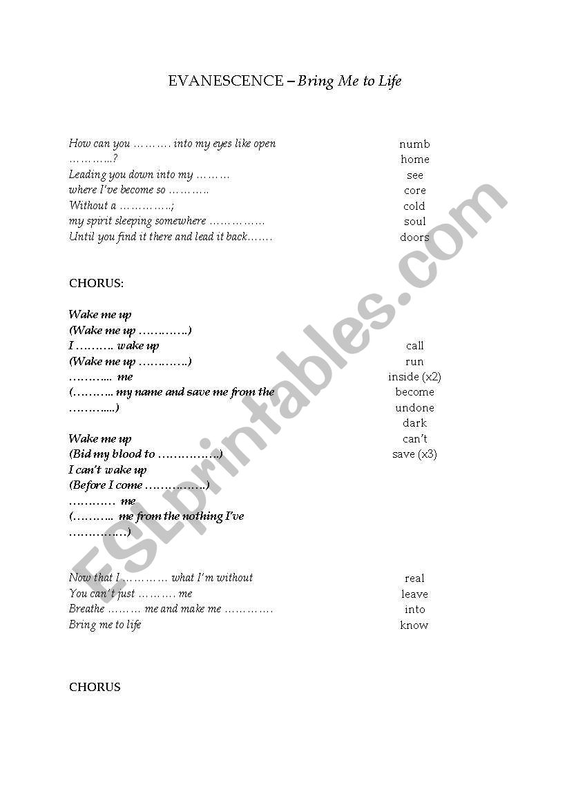 Evanescence: Bring me to Life worksheet