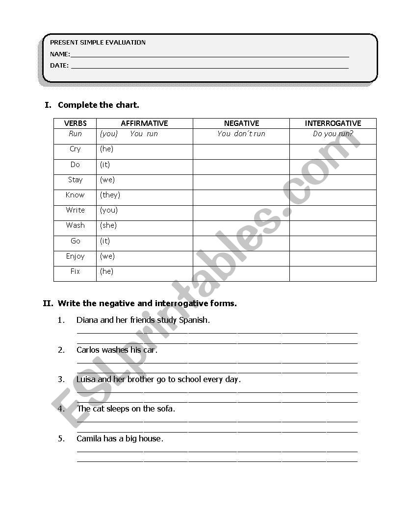 Present simple test worksheet