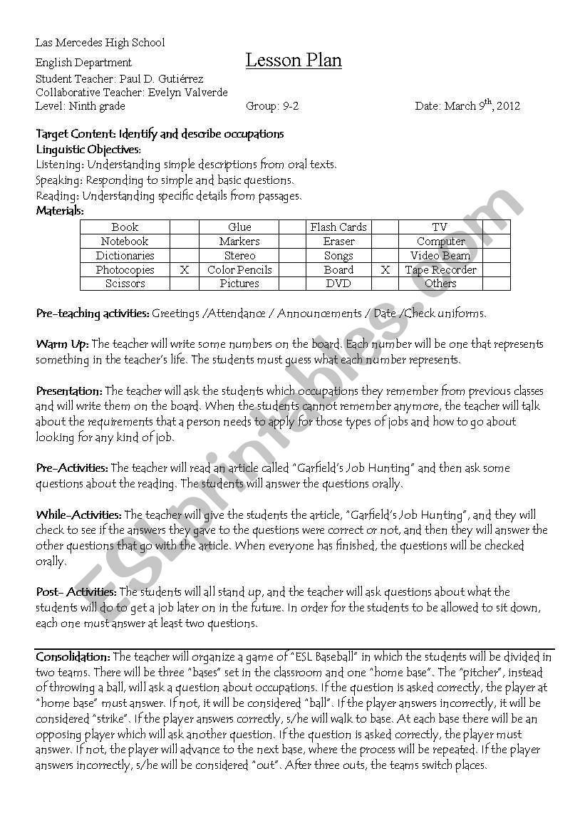 ESL Baseball Game worksheet