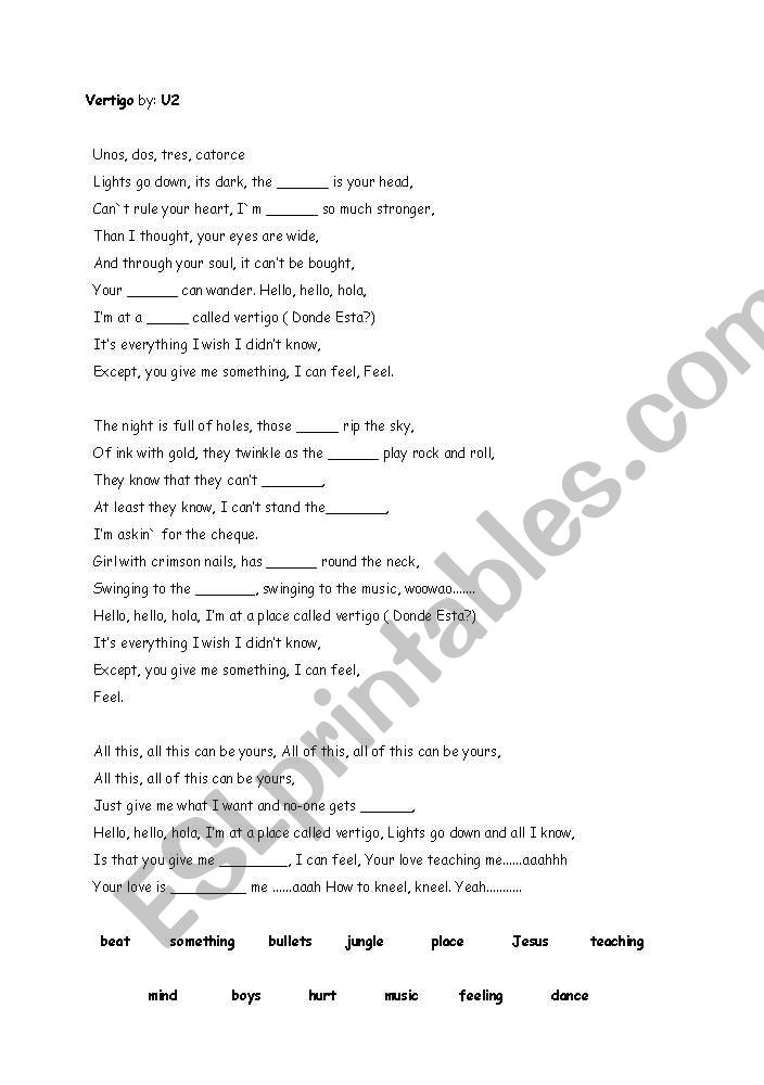 U2/Vertigo Song Worksheet worksheet