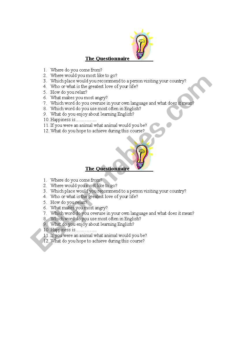 The Questionnaire worksheet