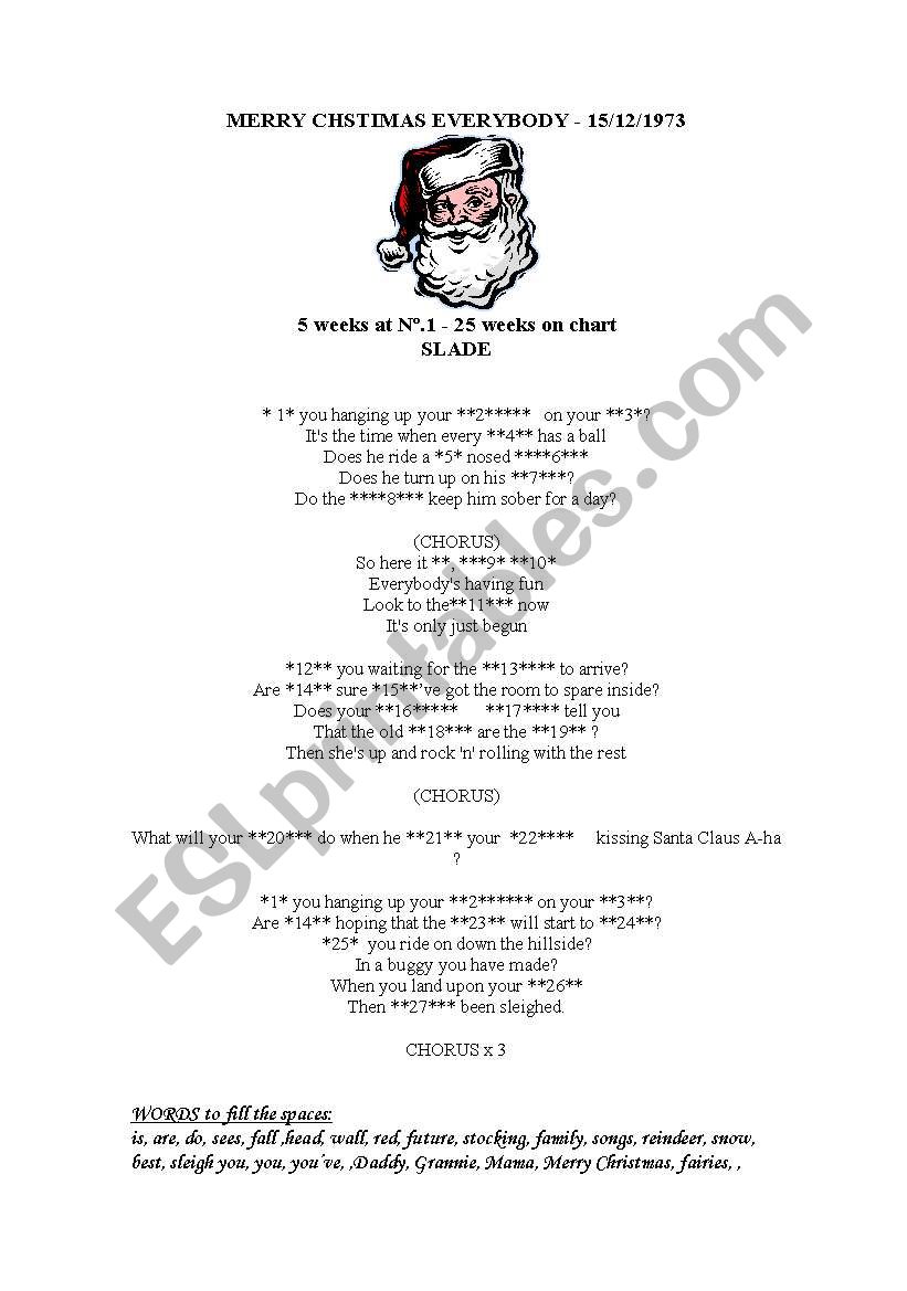 English Worksheets Merry Christmas Everybody Pop Song By Slade Gap Fill