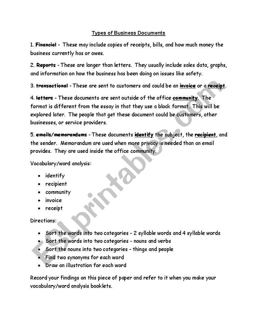 Types of Business Documents worksheet