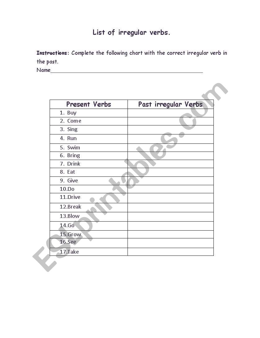 Irregular verbs worksheet