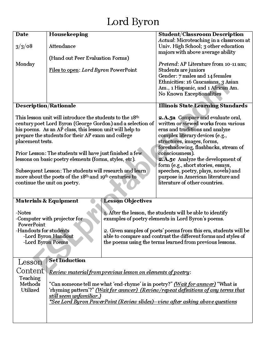 Lord Byron lesson plan worksheet