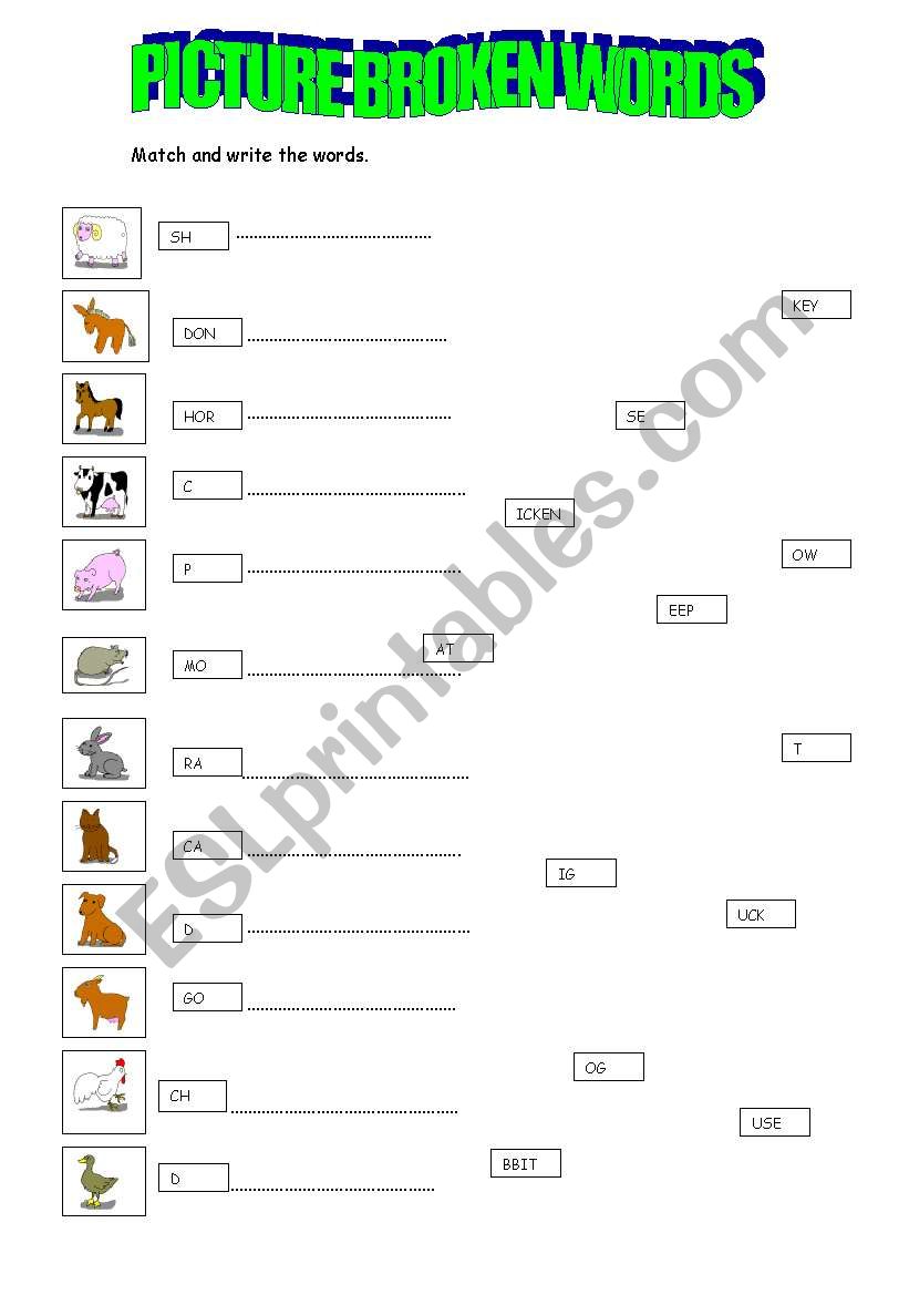 pictures broken words worksheet