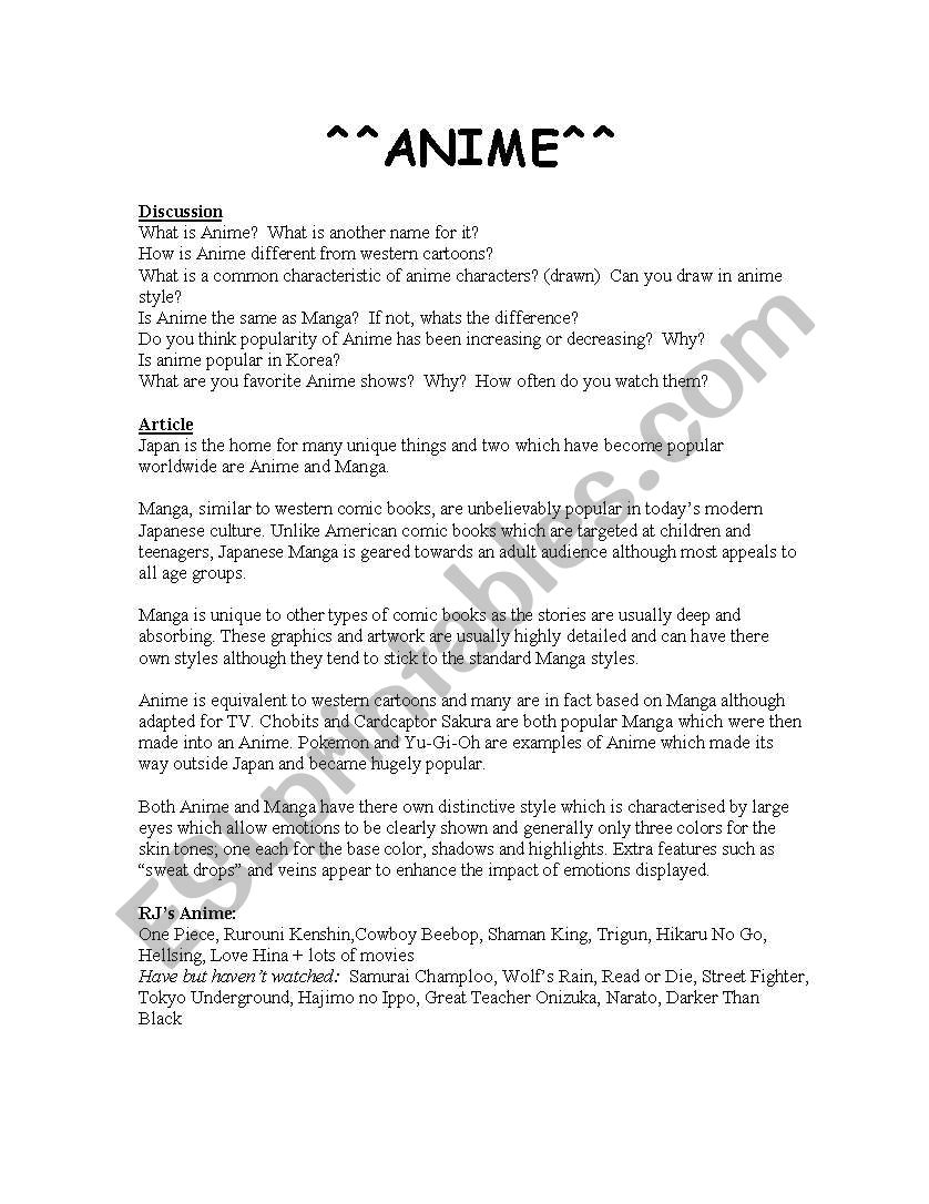 Anime discussion handout worksheet