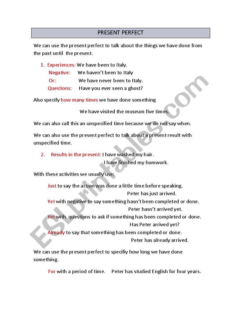 Present perfect uses worksheet