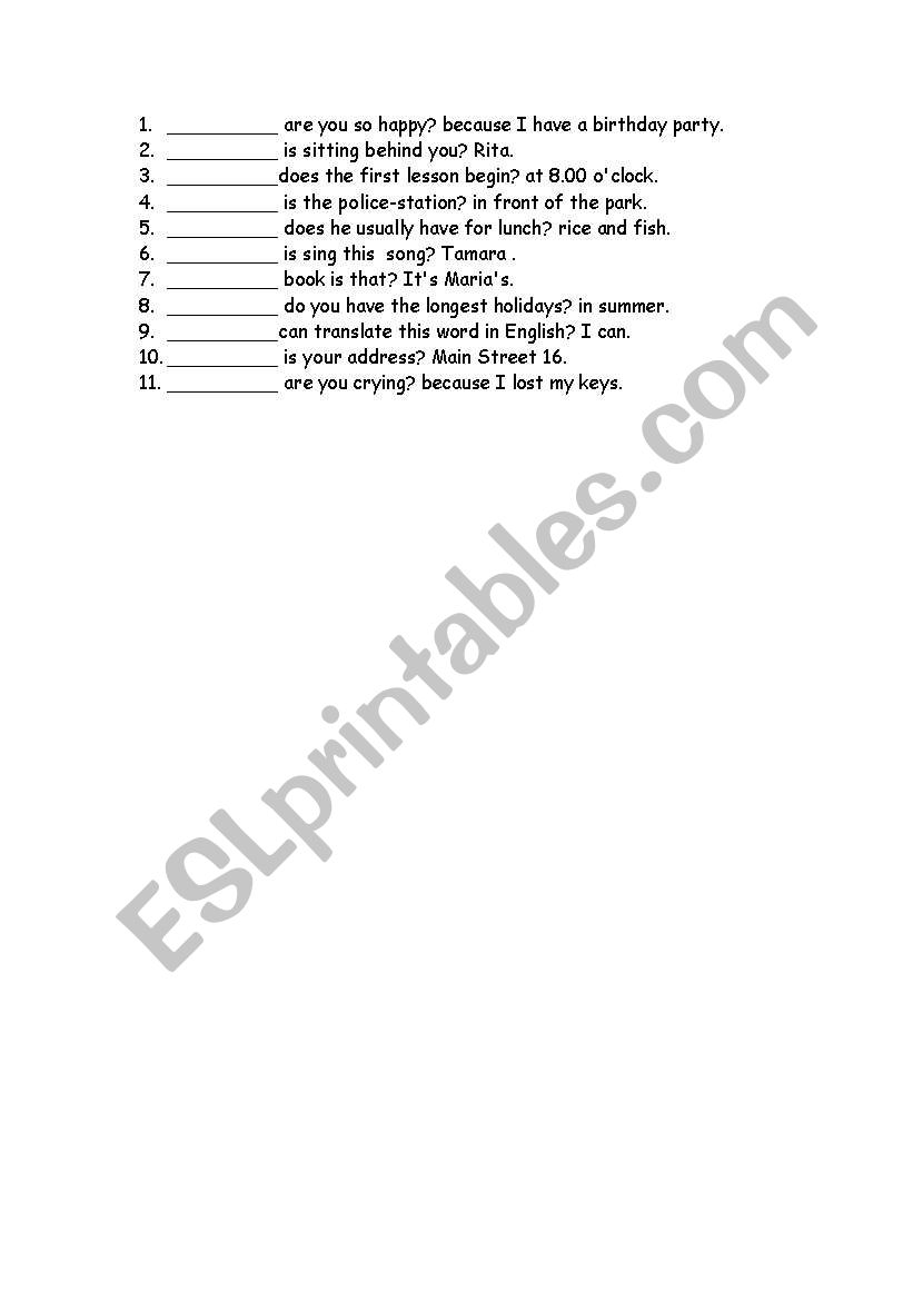 question word worksheet