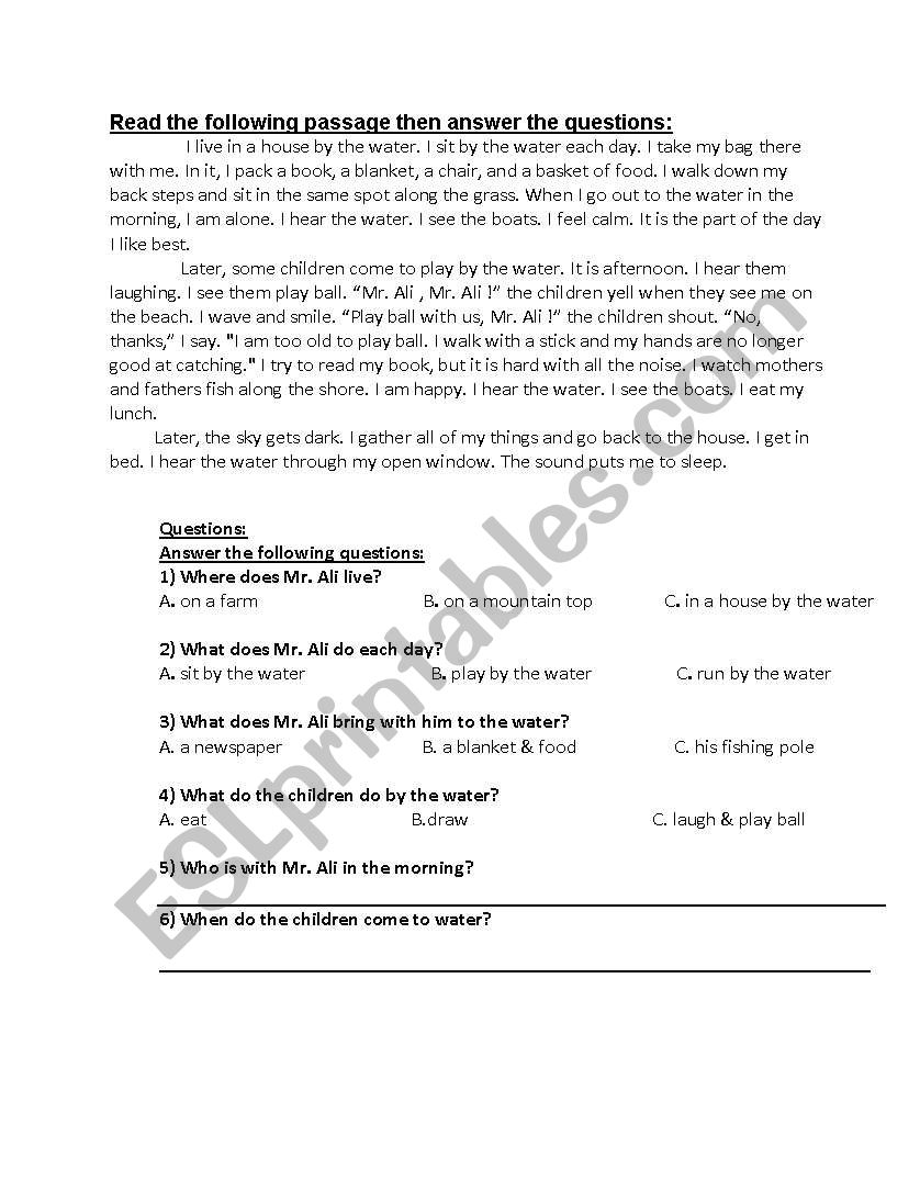 reading comprehention passage worksheet