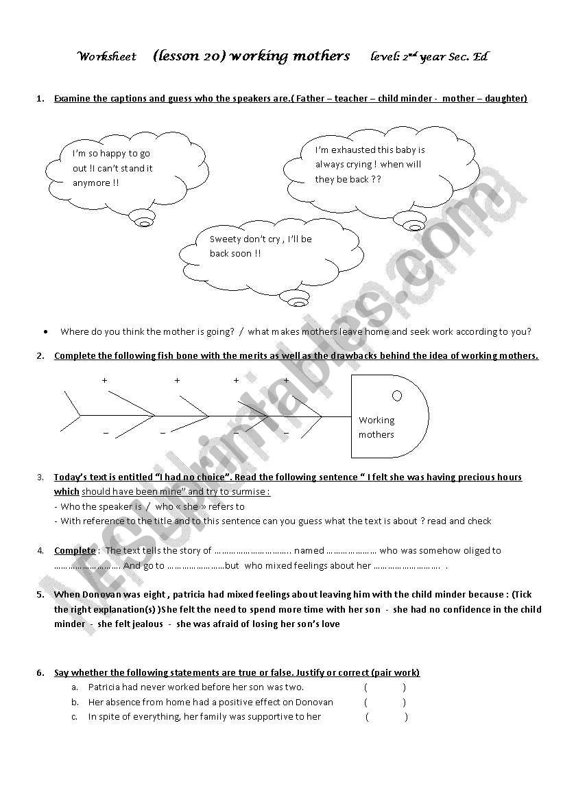 Working mothers worksheet