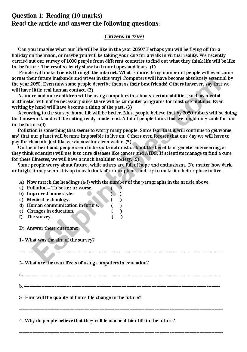 reading text worksheet