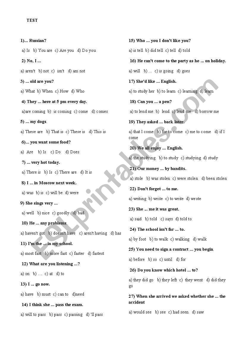 English test worksheet