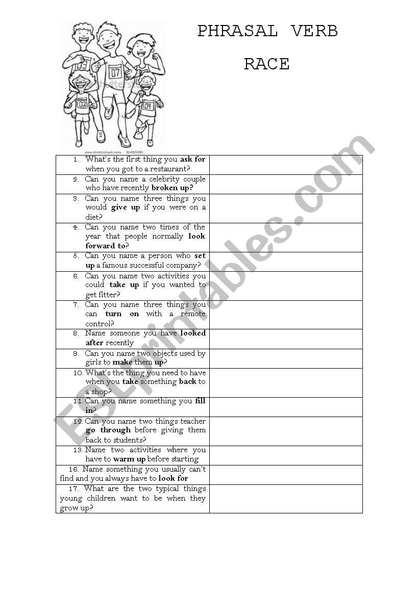 PHRASAL VERB RACE worksheet