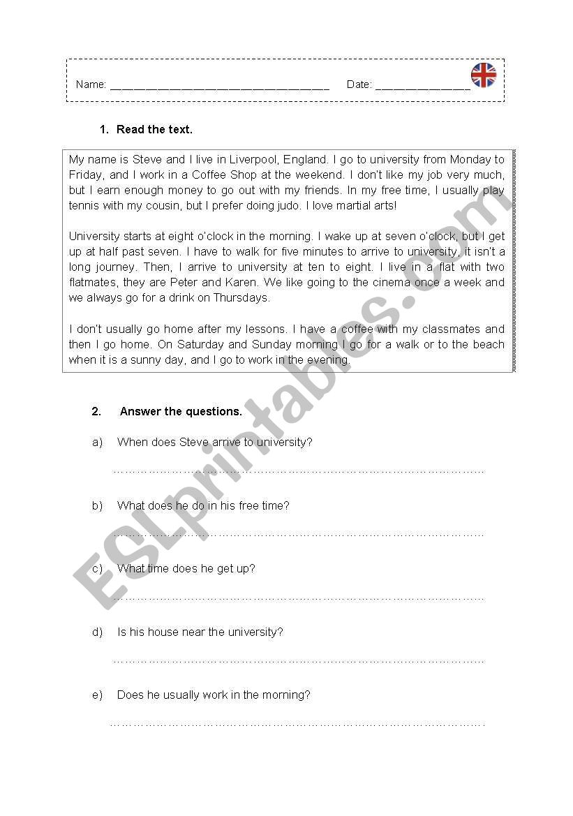 Present Simple - Reading Comprehension Text