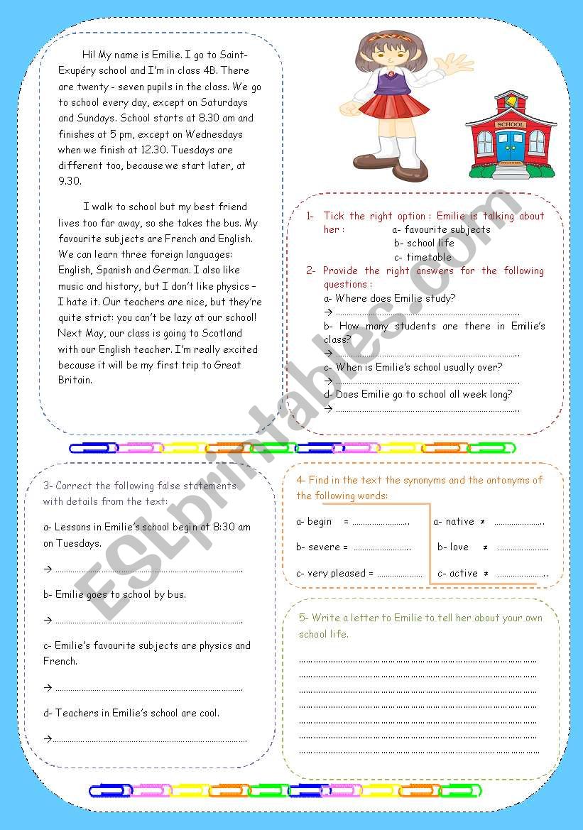 Emilies school life worksheet