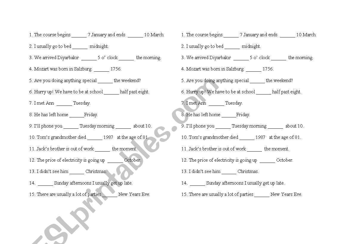 TIME PREPOSITIONS IN/ON /AT worksheet