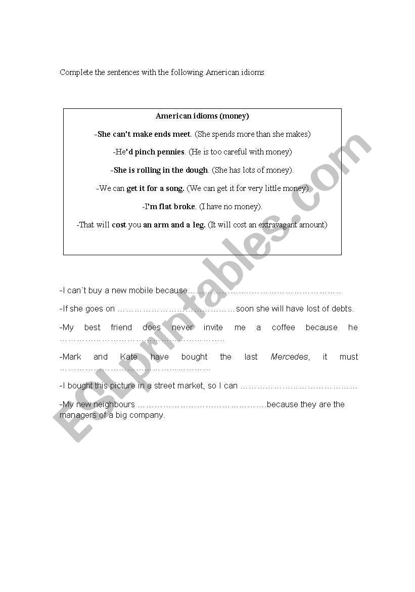 Money idioms worksheet