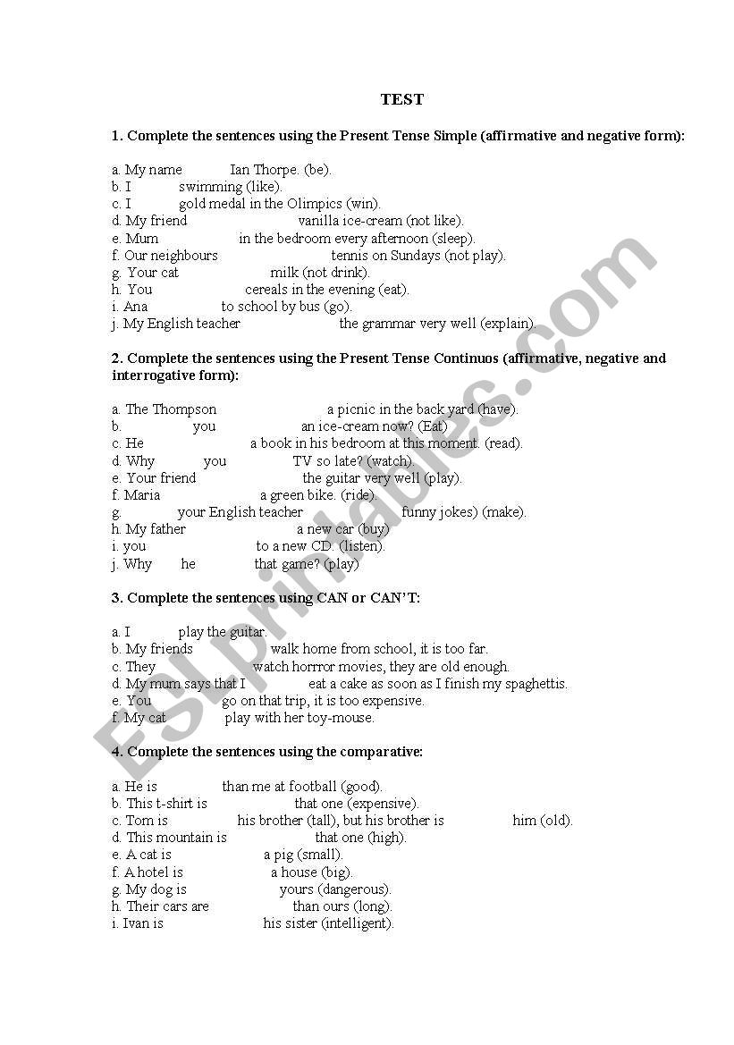 tenses test worksheet