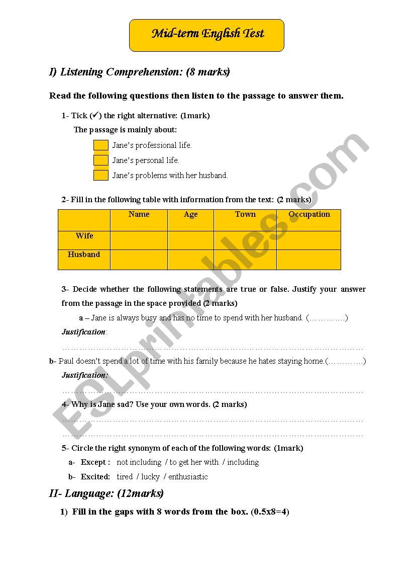 Mid-term English Test , 1st form (Tunisian students)