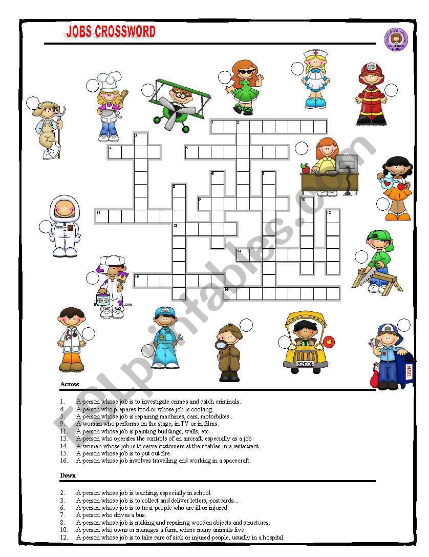 Jobs Crossword with key worksheet