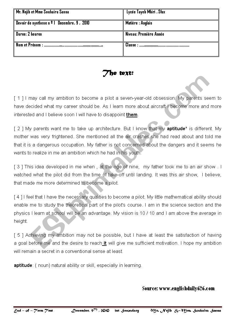 End of term test  number 1  ,  Dec 2010 ( First Secondary,Tunisia) 