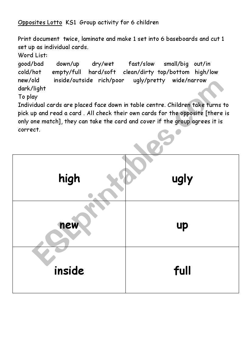 Opposites Lotto worksheet