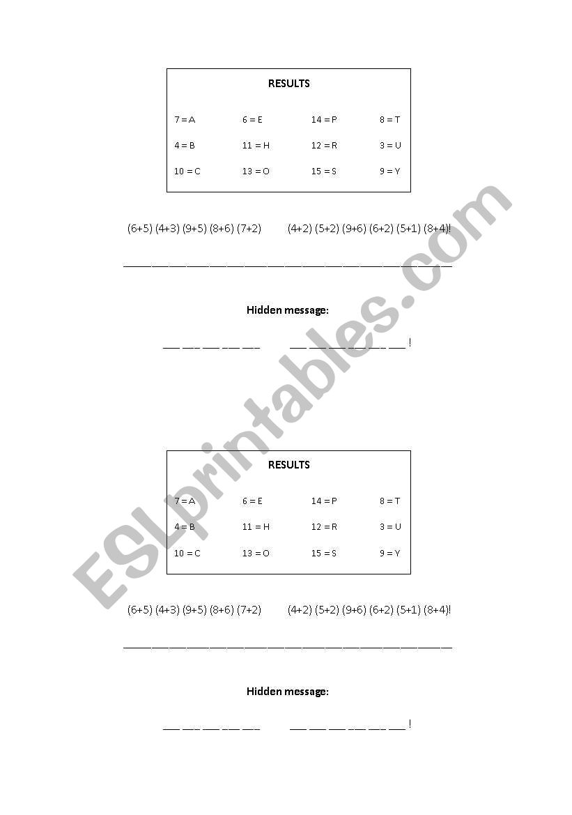 English worksheets: Hidden Message Math Throughout Get The Message Math Worksheet