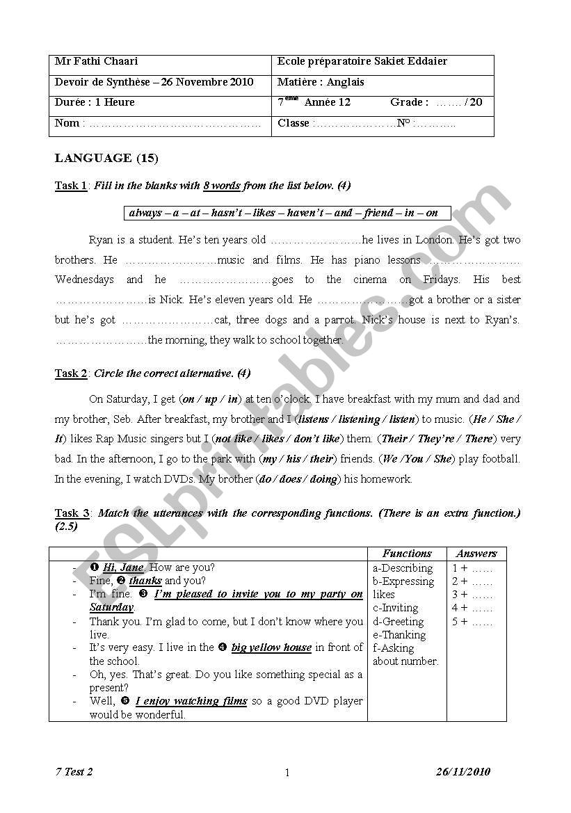 7 Form Test 2 worksheet