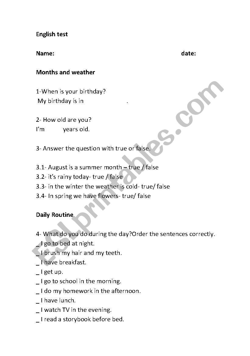 Months and weather plus daily routine