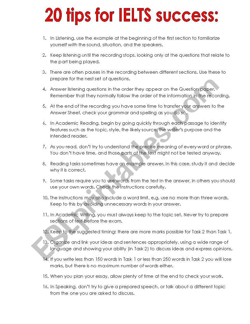 20 Tips for success IELTS. worksheet