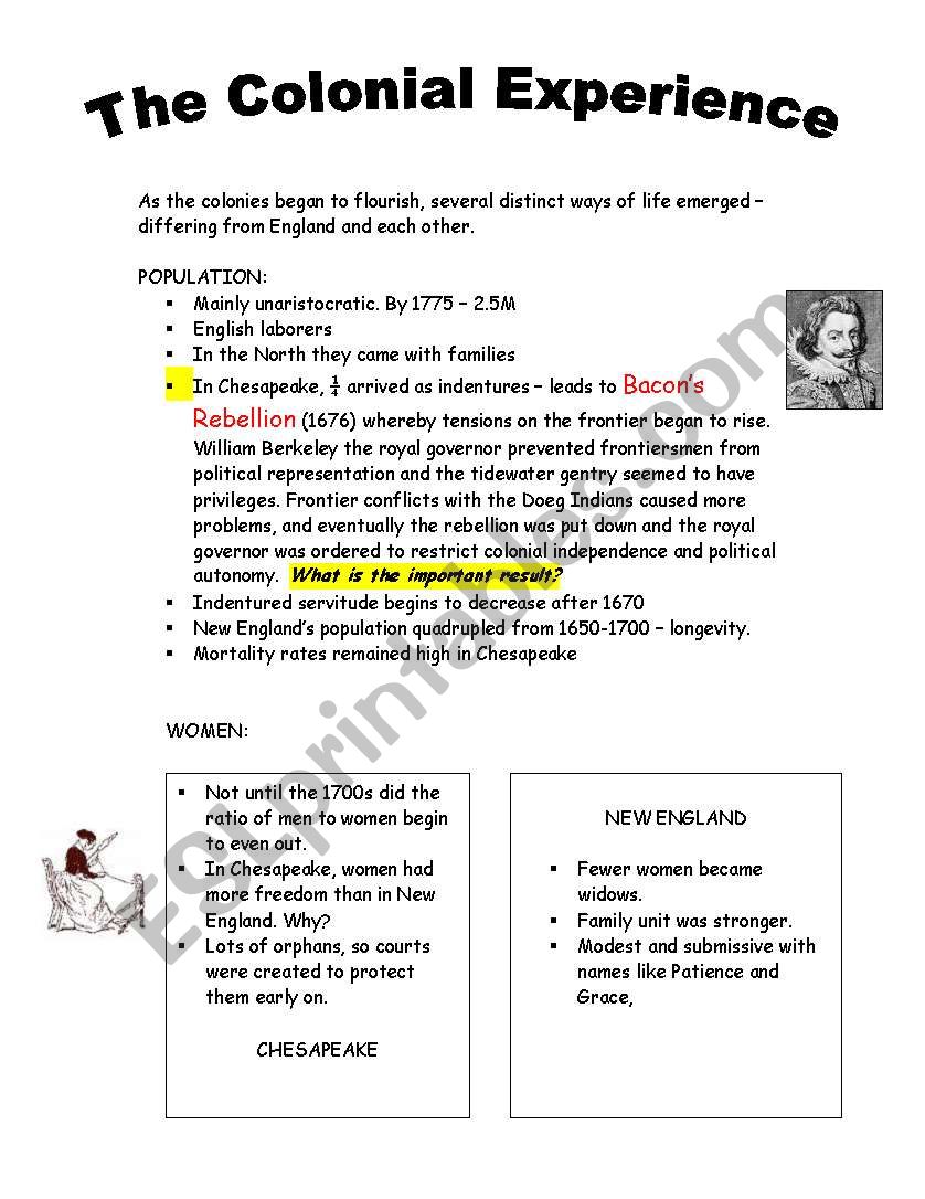 Colonial Experience worksheet