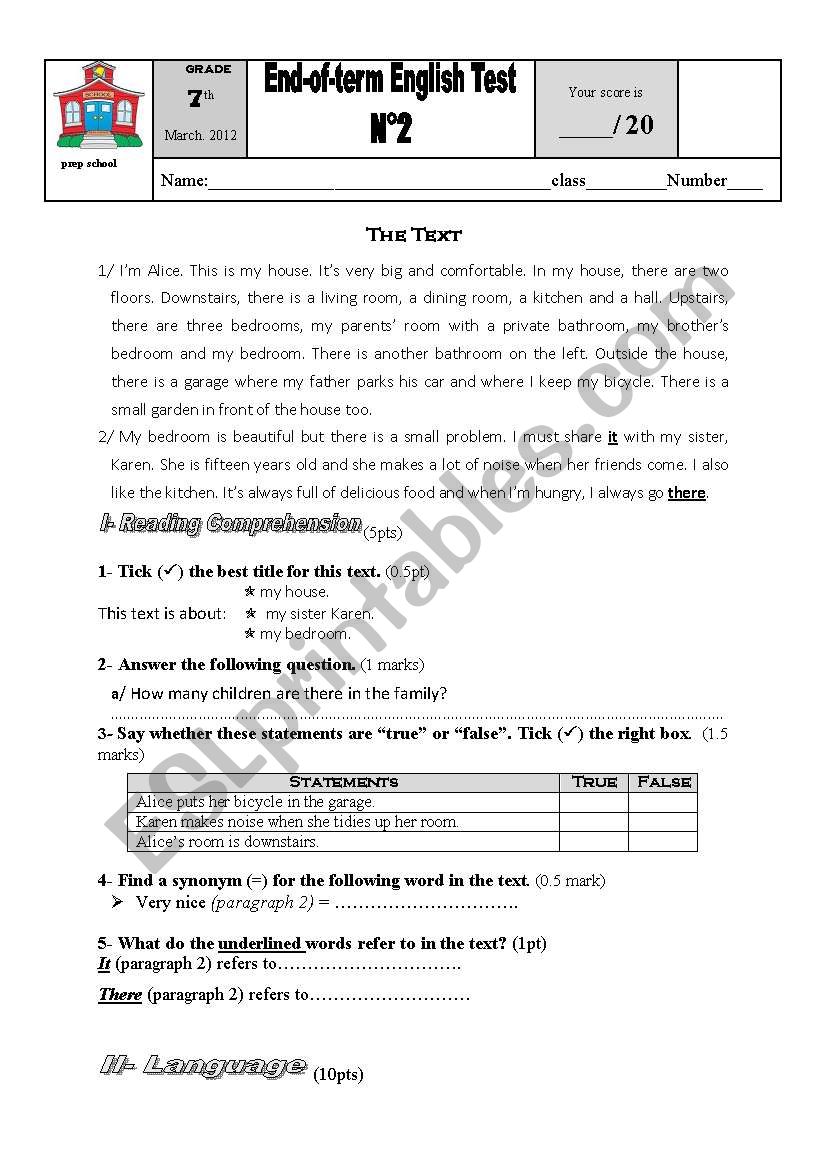 End of term test 7th form  worksheet