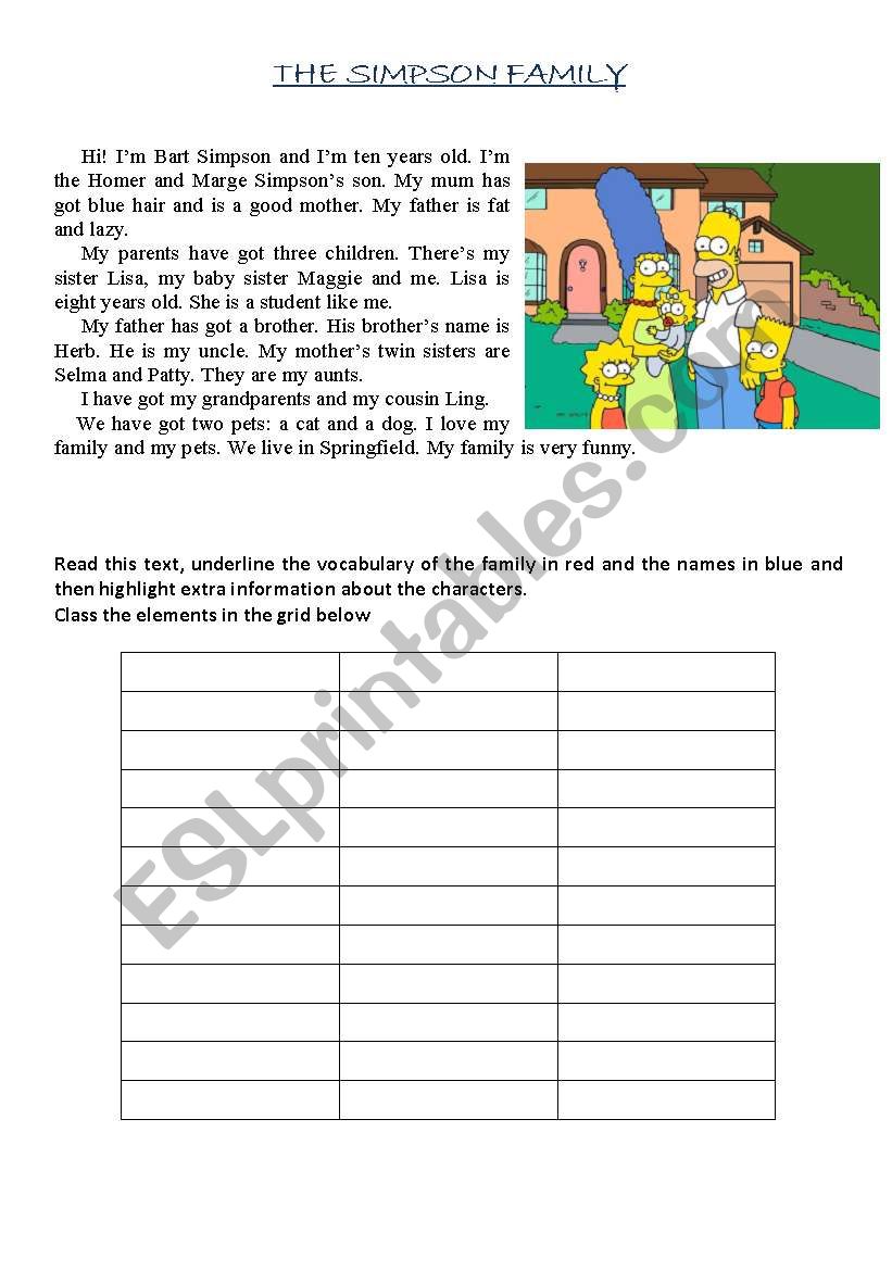 The Simpson Family worksheet