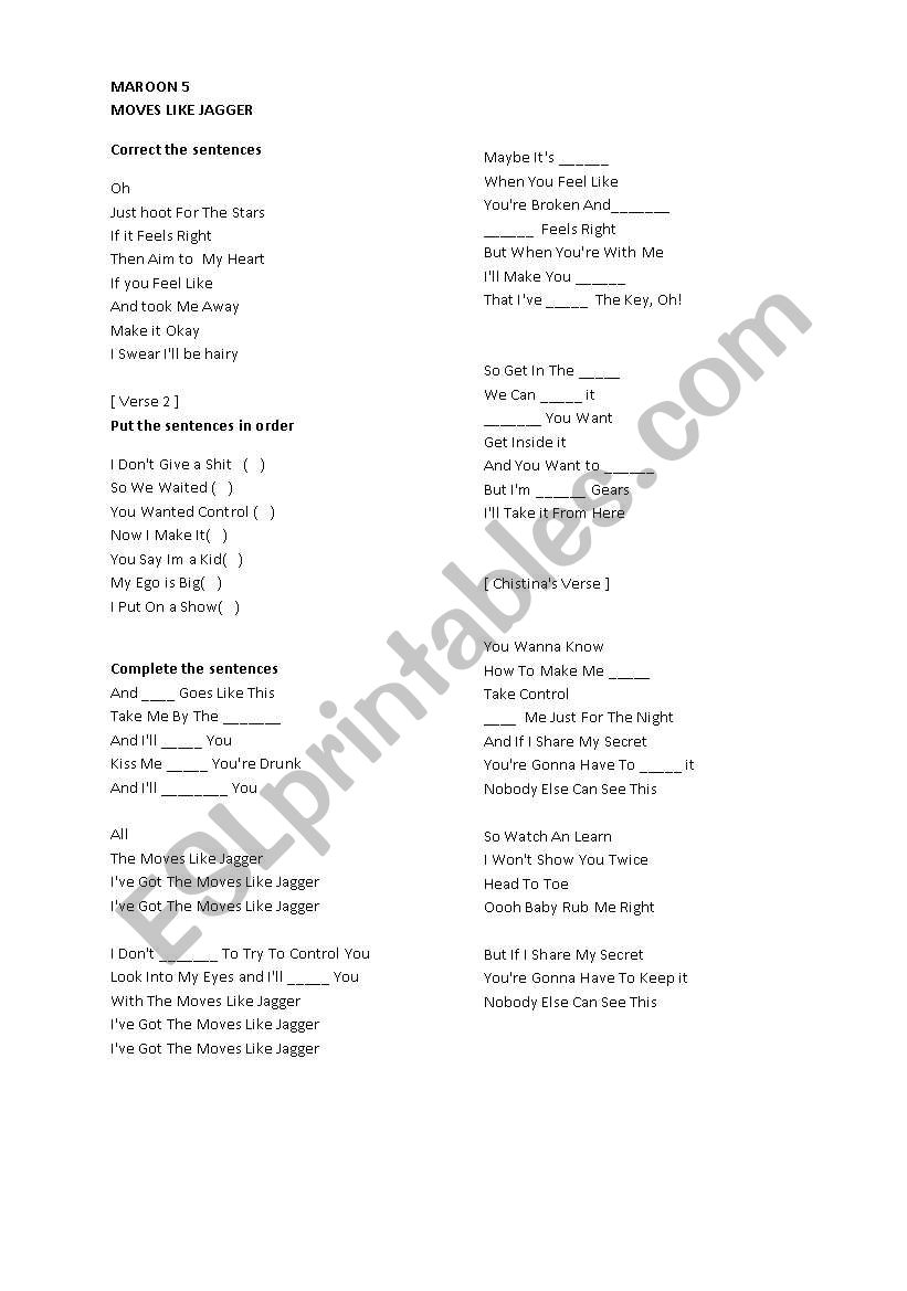Maroon 5 song worksheet  worksheet