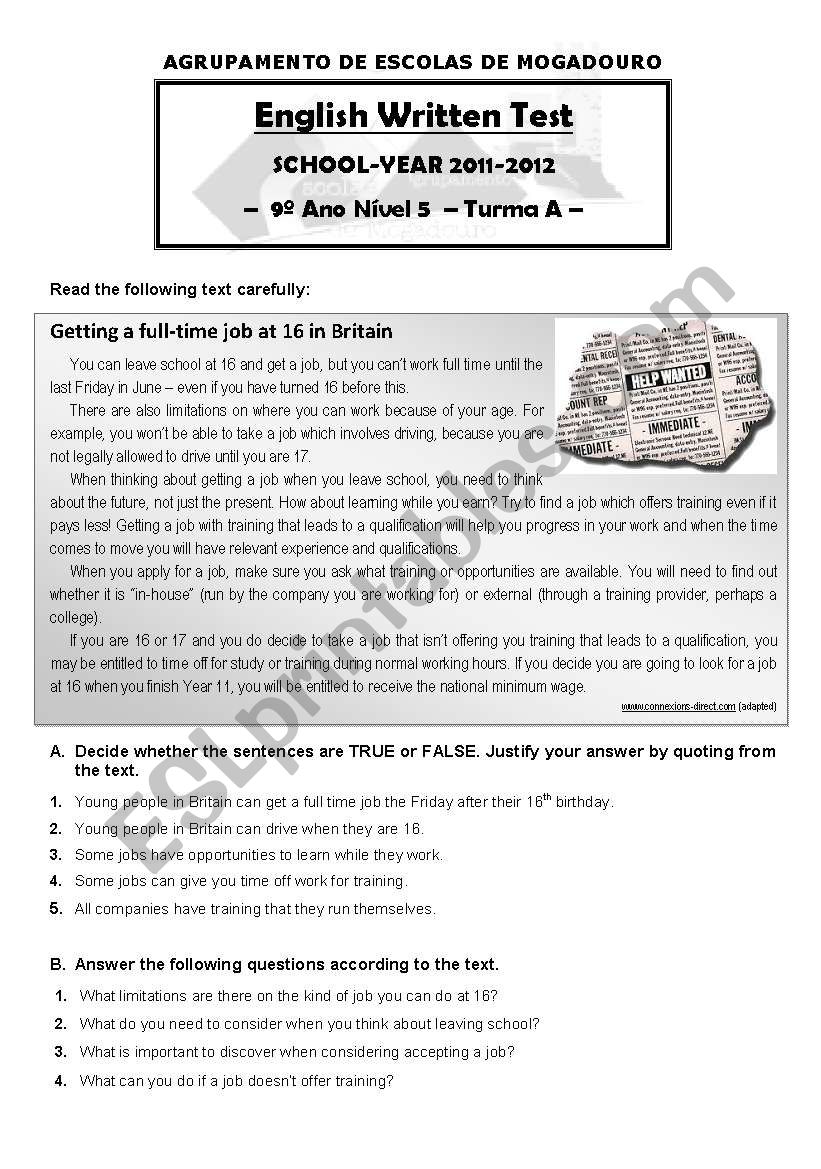 english test level 5 worksheet