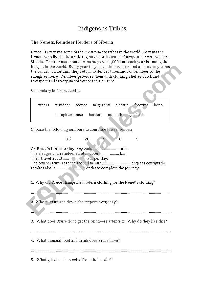 indigenous tribes worksheet