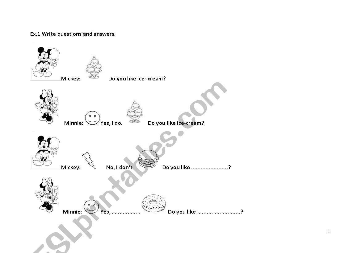 I like/ I dont like/ Do you like...? with MICKEY! questions and answers/ food 1 PART