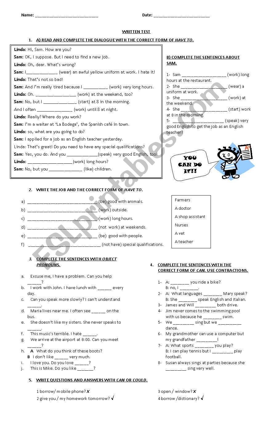 HAVE TO- CAN - COULD worksheet