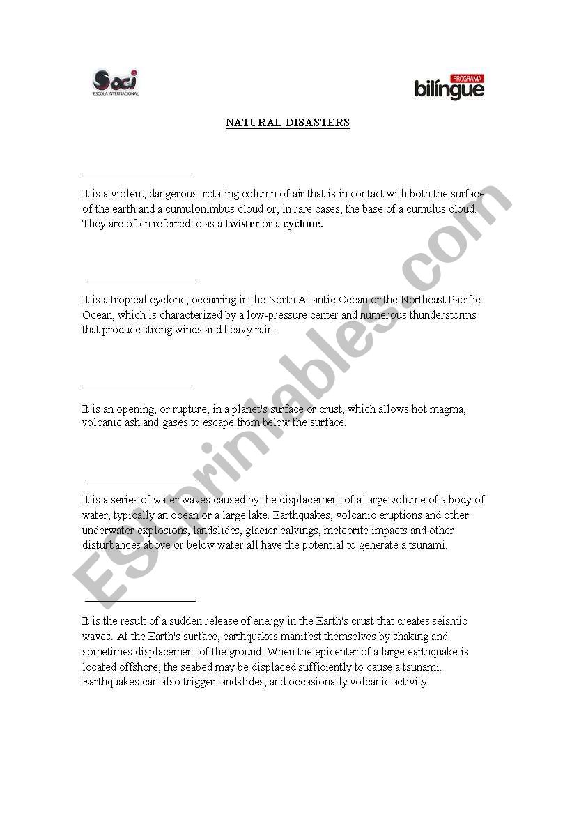 Natural disasters worksheet