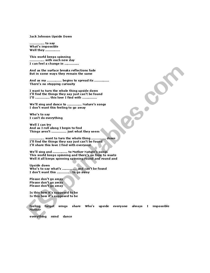 Jack Johnson/Upside Down Song Worksheet