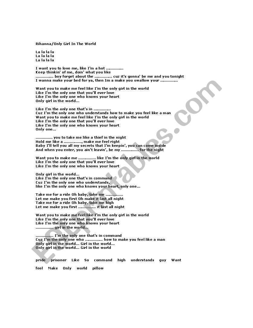 Rihanna/Only Girl In The World Song Worksheet