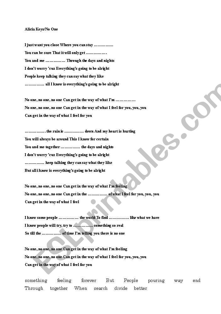 Alicia Keys/No One Song Worksheet